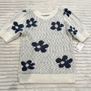 NWT Sonoma Crew Neck Cream & Blue Flowered Short Puffed Sleeve BoHo Sweater